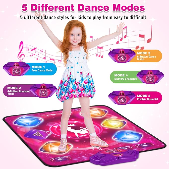 Kusntin Dance Mat, Dance Mixer Rhythm Step Play Mat, Pink Dance Pad with LED Lights, Adjustable Volume, Built-in Music, 5 Game Modes, Xmas Birthday Gifts for 3-10 Years Girls Toys (Purple)