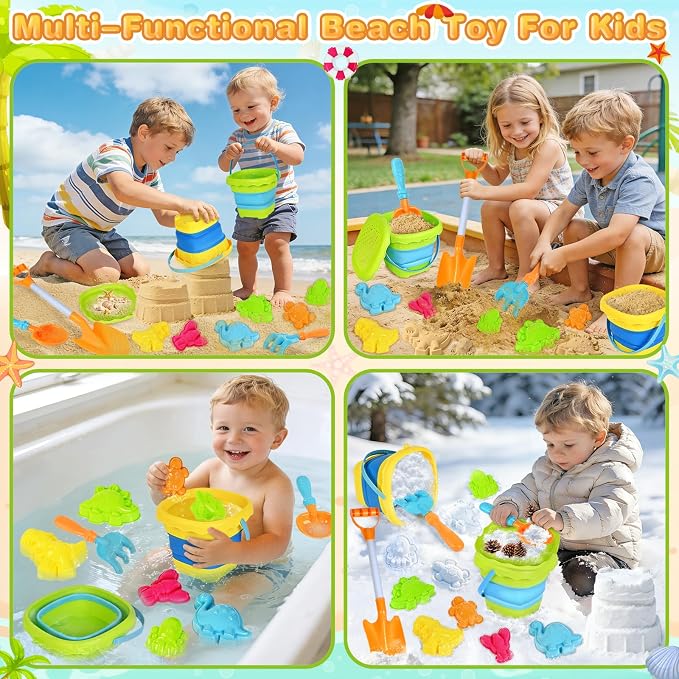 SpringFlower Beach Sand Toys for Kids, Sand Toys with 2 Collapsible Beach Bucket with Sifter Shovels Set with Mesh Bag and 6 Sand Molds, Foldable Beach Travel Beach Sandbox Toys, 11 PCS