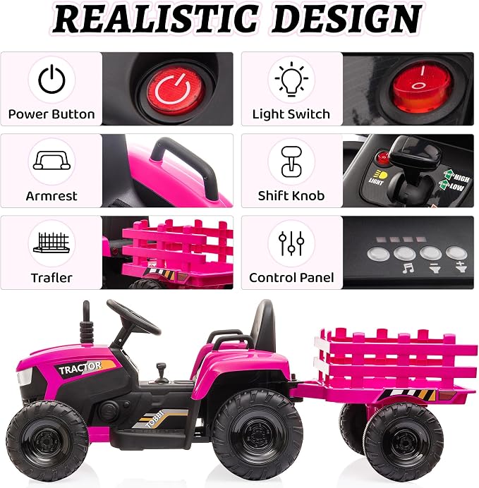 TOBBI Kids Electric Ride On Toy Tractor, Toddlers 12V Battery-Powered Car to Drive, 35W Dual Motor 6-Wheels Trailer Vehicle with 3-Speeds/LED & Horn Functions for Chirdren Aged 3-8-Pink