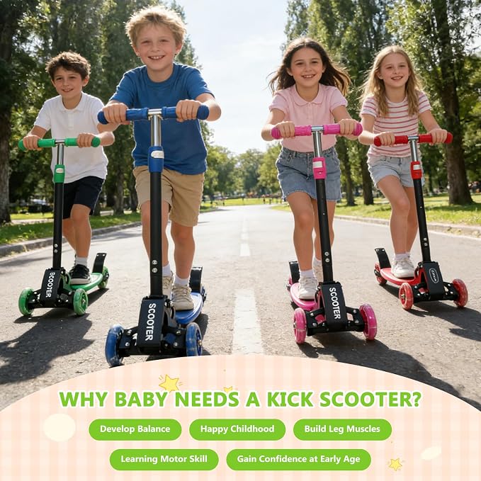 3 Wheel Scooters for Kids 2-5 5-7 Years, 4 Adjustable Heights Foldable Metal Toddler Scooter for Boys Girls Up to 120 lbs, Lean-to-Steer, Dual Rear Brake Widen Anti-Slip Deck