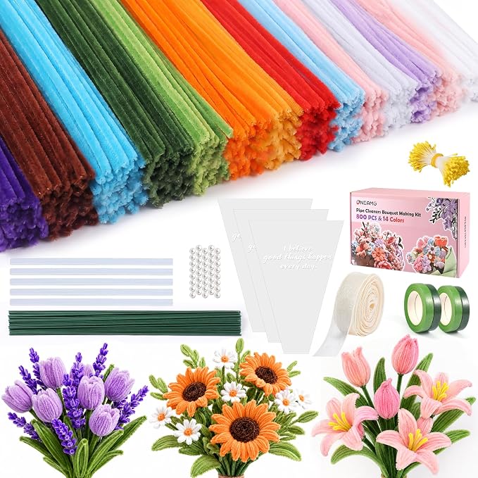 OneAmg 800PCS Pipe Cleaners Craft Kit with 14 Colors，DIY Flowers Making Set | Chenille Stems for DIY Flower Making Kit with Instructions,Floral Wires,Stamen& Ribbon,Art and Craft Supplies