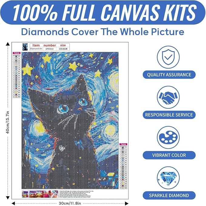 RYMILIE Black Cat Diamond Art Kits for Adults, Diamond Painting Dots Art Kits for Adults Beginners, 5D DIY Full Drill Round Rhinestone Gem Art Crafts Paintings for Home Wall Decor 12"x16"