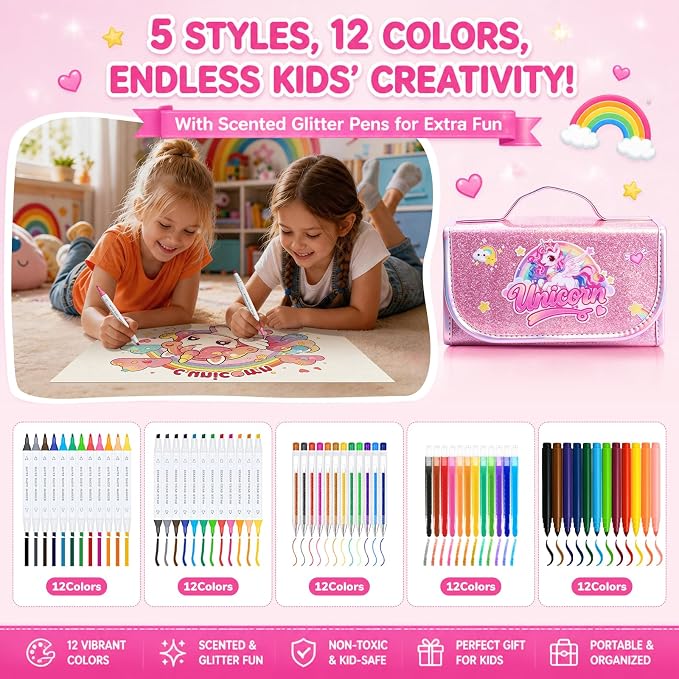 70 PCS Unicorn Arts and Crafts for Girls Ages 4-6-8, Art Supplies Set with 3D Rainbow Glitter Pencil Case, Washable Dual Markers, Scented Gel Pens, Twist-up Crayons & Unicorn Stickers, Birthday Gift