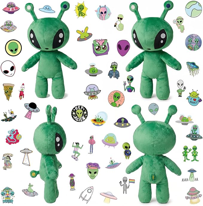 51-PCS Alien Plush Toy Set | 1 Green Alien Plush + 50 Space Themed Stickers | DIY Cosplay Ultra Soft Stuffed Alien Creature Figure | Cute Stuffed Animal Pillow | Ideal Gift for Sci-Fi Lovers Decor