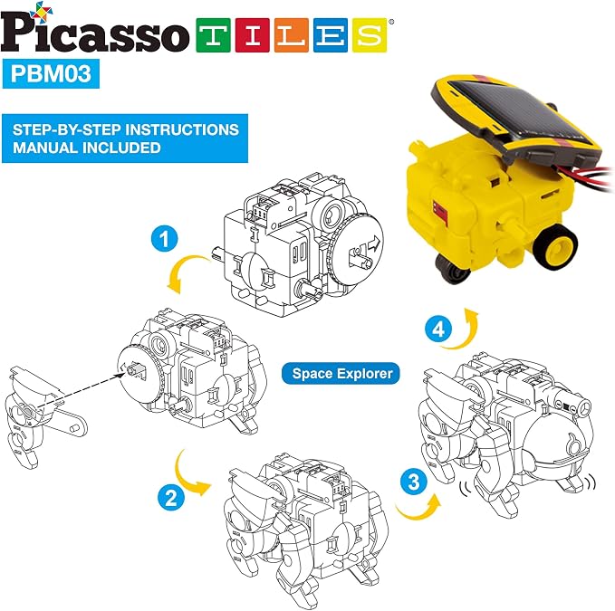 PicassoTiles STEM Kids Solar Powered Space Robot Educational Learning Engineering Building Toy 6-in-1 Creative Unique Transformation Renewable Sun Energy Science Experiment DIY Kit Boys Girls Age 8+
