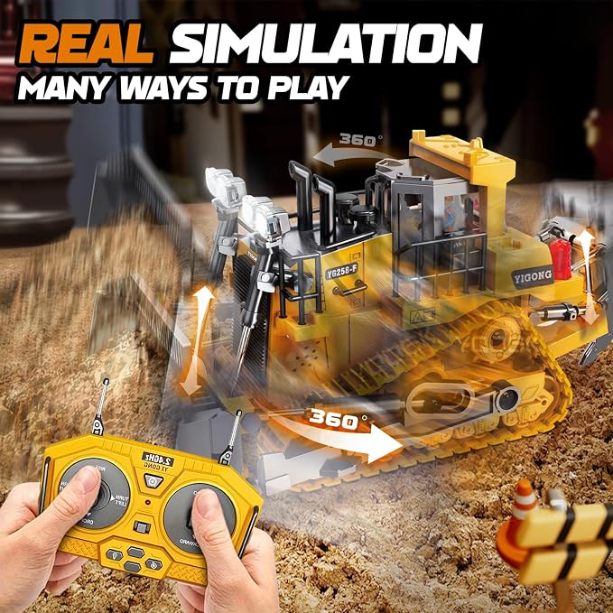 RC Bulldozer Toy for Kids,1:24 Scale 9-Channel Remote Control Track-Type Dozer with Light& Sounds,2 Rechargeable Batteries Dozer Construction Vehicle Toy for Boys Gift