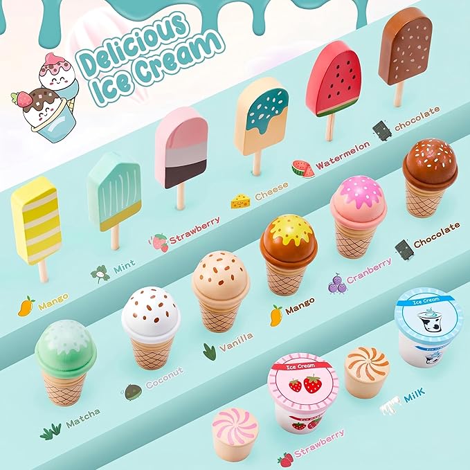 WHOHOLL Wooden Ice Cream Counter Playset for Toddler Girl Toys, Play Store Pretend Toy Food Play Kitchen Accessories with Fake Money & Coin, Christmas Birthday Gifts for 3+ Year Old Kids (Green)