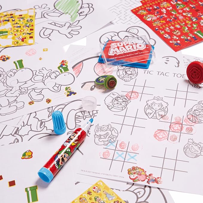 Innovative Designs Mario Brothers Super Mario Deluxe Activity Set with Carrying Tin, Coloring Sheets, Tattoos, Stickers, & Art Supplies | Super Mario Brothers Activity Kit with Mario Coloring Sheets, Stickers, Tattoos, Markers, Crayons, Gel Pens & Carr...