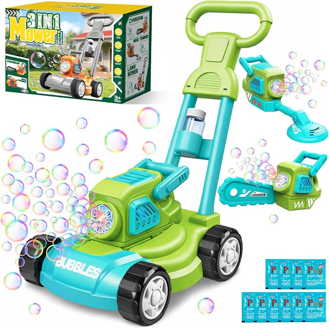 Bubble Lawn Mower for Kids,3-in-1 Bubble Machine Blower Toy Ages 3-8 Green | Automatic Bubble Blower,10 Solution Packs,Pretend Gardening Play,Push Toy for Toddlers,Summer Outdoor Gift for Boys and Girls