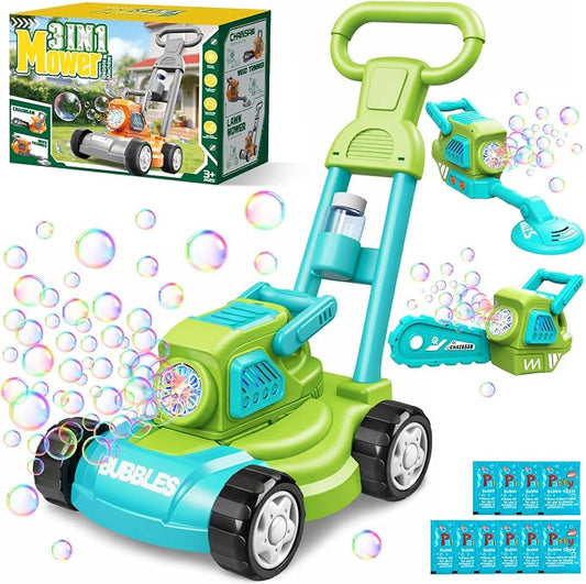 Bubble Lawn Mower for Kids,3-in-1 Bubble Machine Blower Toy Ages 3-8 Green | Automatic Bubble Blower,10 Solution Packs,Pretend Gardening Play,Push Toy for Toddlers,Summer Outdoor Gift for Boys and Girls