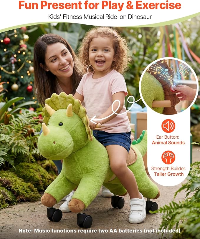 VEVOR Ride On Horse, Riding Dinosaur Toys for Kids, Features Lifelike Dinosaur Roars, No Battery Required, 360-Degree Flexible Smooth Wheels, Soft Seat, 88 lbs Max Load Capacity for Toddlers Ages 3+