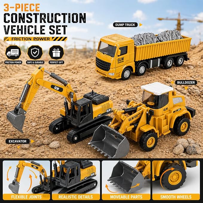 Alloy Mini Construction Vehicles, 3Pcs Die-cast Metal Toy Set with Pull Back Action - Excavator, Dump Truck, Bulldozer for Toddlers & Kids 3 4 5 6 7 Years Old Boys Toys