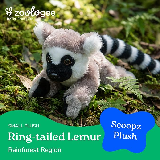 The Petting Zoo Ring Tailed Lemur Stuffed Animal Plushie, Gifts for Kids, Scoopz Wildlife Animals, Lemur Plush Toy, 8 inches