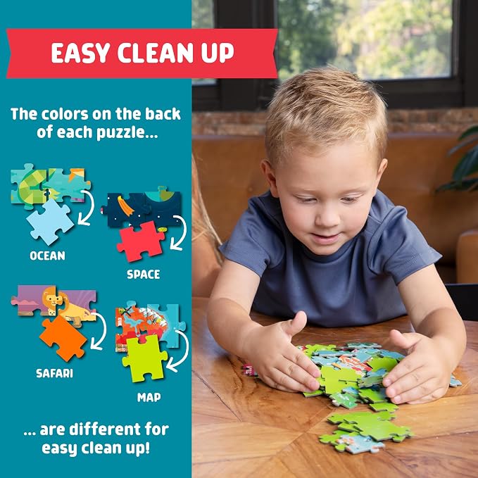 Chuckle & Roar Jigsaw Puzzle Set - 4 Pack, 48, 72 & 100 Pieces, Ages 3+ - Space, Ocean, Safari & World Map Scenes - Color Coded Backs & Storage Bags - Learning Toys for Preschool