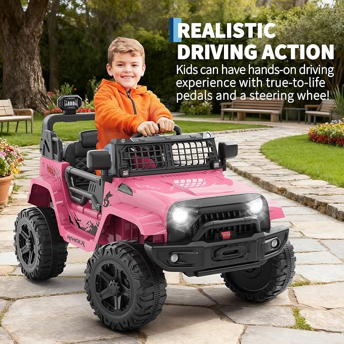 Hetoy 12V Ride on Toys with Parent Remote Control Toddler Electric Vehicle with Spring Suspension, LED Lights, Bluetooth, Music Player, 3 Speeds Ride on Car Truck for Kids Age 3-8 (Pink)