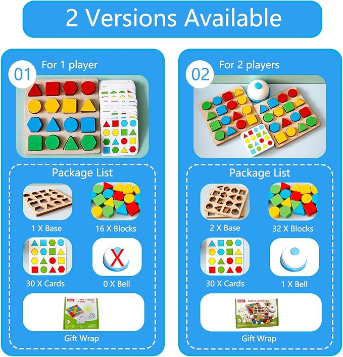 Montessori Toys for 3 4 5 6 7 8, Educational Wooden Pattern Blocks Race Shape Matching Sorting Sensory Toy, Geometric Shape Activity Board Game Toddlers Kids Boys Girls (for 2 Players)