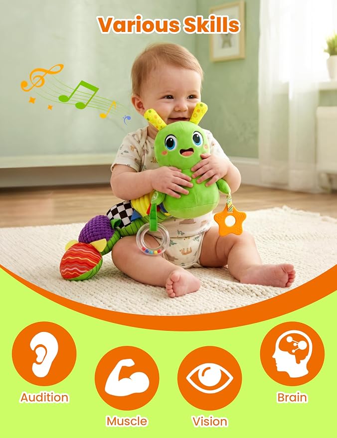 GoGonova Musical Caterpillar Baby Sensory Toy for Infant Development 0-12 Months – Newborn Bath, Car Seat, Stroller & Bassinet Activity Toy & Gift – Tummy Time Crawler & Teether(Green)