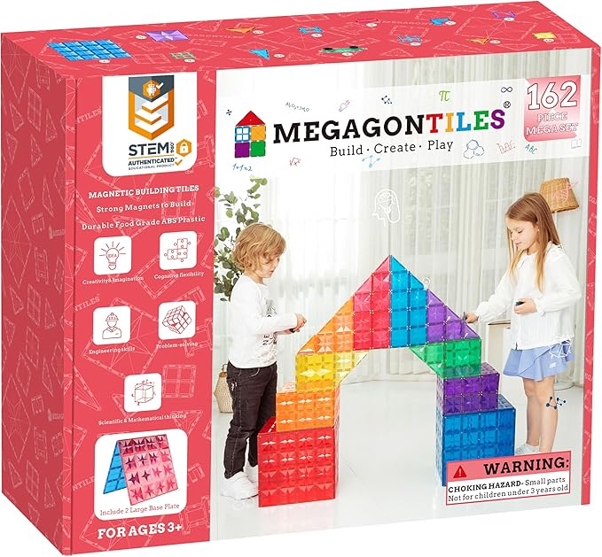 MEGAGONTILES 162PCS Premium Magnetic Tiles Set | STEM-Authenticated Magnetic Building Blocks | Educational Construction Toy for Kids Ages 3–8 (Boys & Girls)