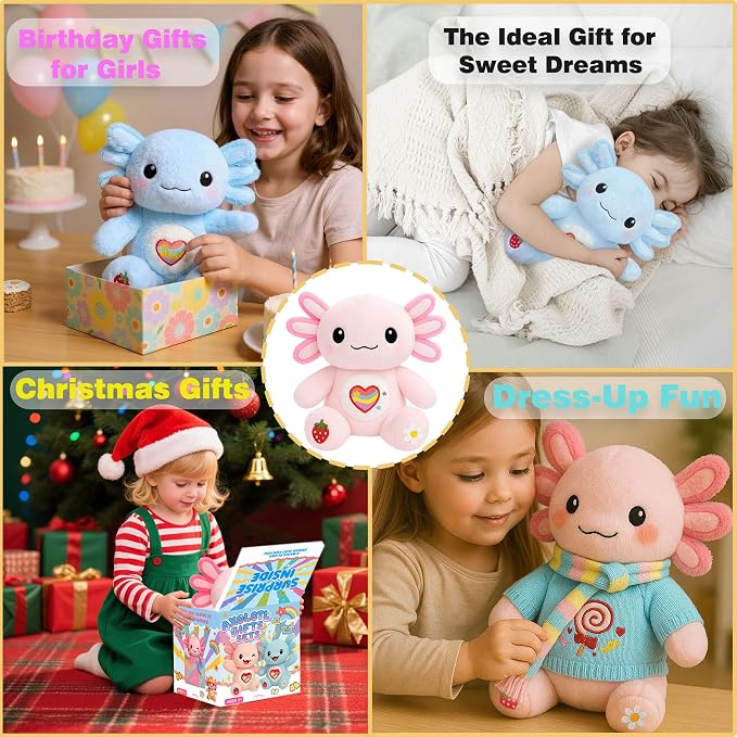 KUMANEKO Cute Axolotl Plush Gift Set with 12 Pcs Axolotl Stuffed Animal Clothes & Accessories, 13-Inch Axolotl Toy, Birthday/Graduation Gifts for 3/4/5/6/7/8/9/10/11/12 Girls Kids