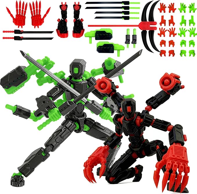 T13 Assembly Completed Action Figure Set, Multi-Jointed Movable 3D Printed Robot Toy, Cool Desktop Decoration Collectible Gift for Game Lovers (Black red and Black Green)