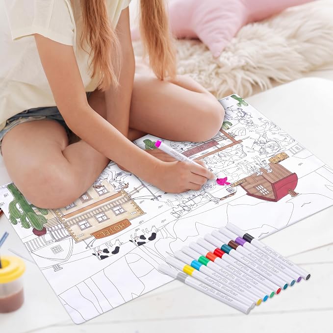 Mindsoft Coloring Pillowcase with 12 Pcs Markers Color Your Own Pillowcase Kit for Coloring Craft Decoration Supplies, 28.7 x 19.7 Inch(West Cowboy)
