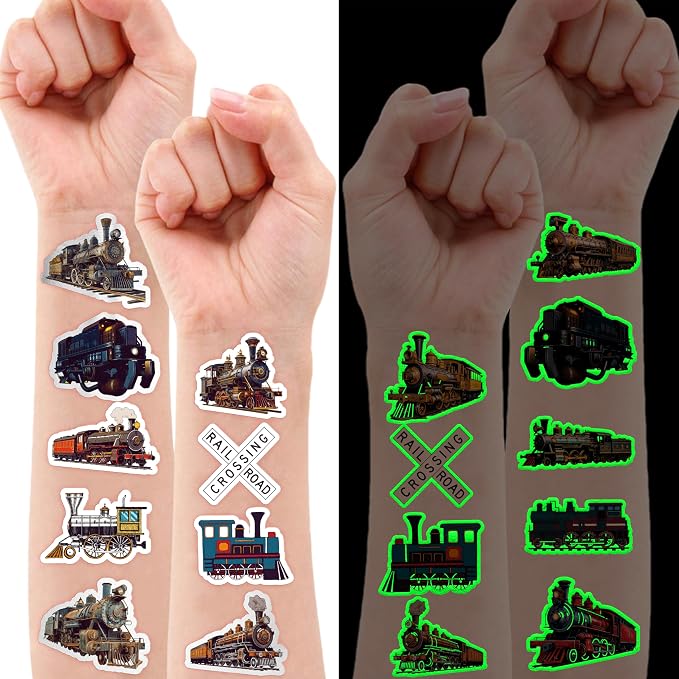 96 PCS Vintage Train Pre-Cut Temporary Tattoos Themed Birthday Party Supplies Favors Decorations Decor Steam Trains Railroad Tattoo Stickers Gifts For Boys Girls Class Prizes Carnival (Glow)