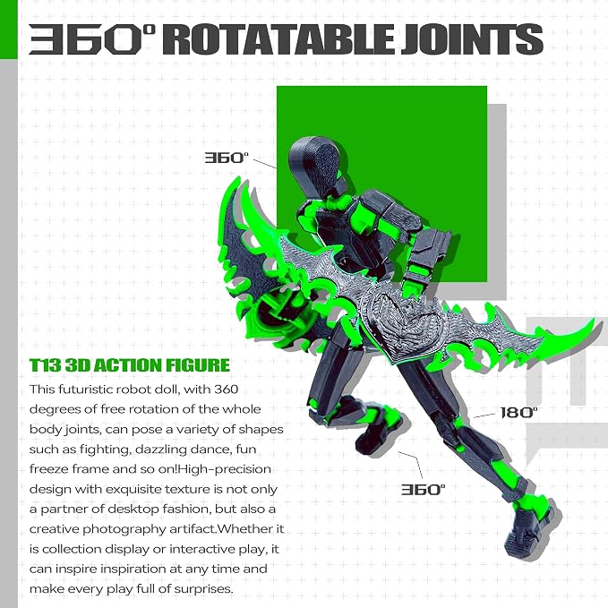 Uodofy (Assembly Completed) T13 3D Action Figure Set,Dummy Robo Titan 13 Action Figures,3D Printed Multi-Jointed Toy (Black + Green)