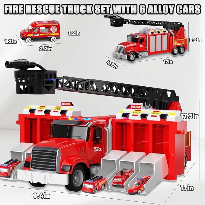 Inertial Drive Fire Truck Toy for 2 Year Old 27+'' Liftable Ladder/180° Rotatable Water Sprinkler , 6 Alloy Rescue Car Fire Trucks Playset, Light/Sound Firetruck Toys 3-5 Years Old w/Openable Carriage