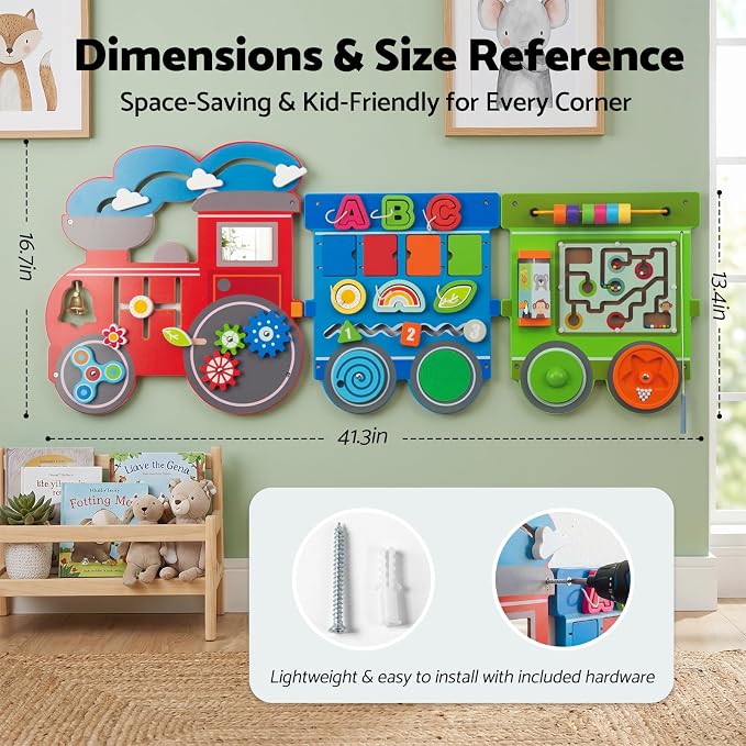 WOODENFUN Wooden Activity Wall Busy Board for Toddlers, 17 in 1 Train Montessori Sensory Wall Panel with Bead Maze, Baby Activity Center Learning Toys for Boys Girls