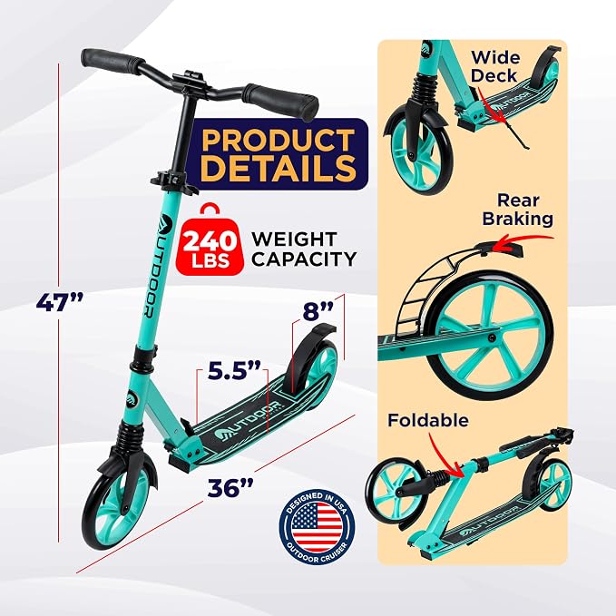 Outdoor Cruiser Kick Scooter for Ages 6+, for Kids, Teens, and Adults, Max Load 250 LBS, Foldable, 8-inch Wheels for Kids and Adults, Dual Suspension, 3 Adjustable Levels, Child Safety Approved, Aqua