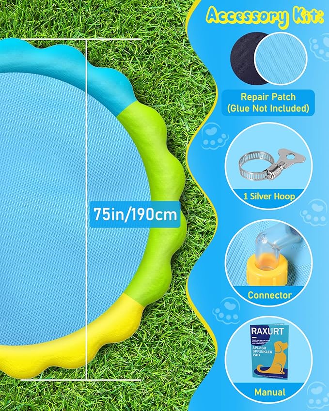 Raxurt Splash Pad, 75in Anti-Slip Splash Pad for Kids Dogs Thickened Durable Bath Pool Pet Summer Outdoor WaterToys Backyard Fountain Play Mat, Colorful