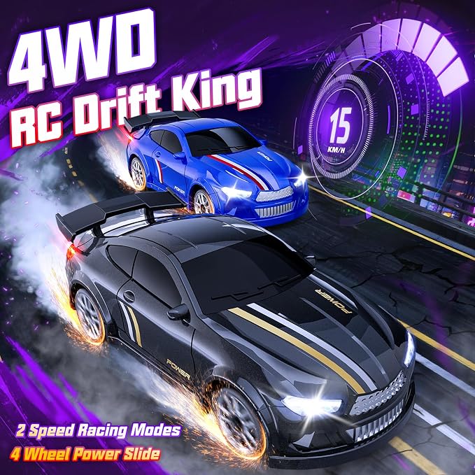 Mini RC Car 1:64 Scale, Remote Control Car with LED Lights & 2-Speed Modes, 2.4GHz RC Drift Car Toys with 4 Obstacles & Track Mat, Hobby Gift for Kids & Adults, Black