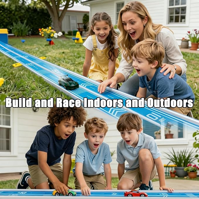 16.4Ft Flexible Race Track for Kids Ages 3+, Patterned Dual-Lane Roll Up Race Track Set with 4 Toy Cars & Suction Cups, Compatible with 1/64 Diecast Cars, Portable DIY Racing Toy(Daytona Blue)