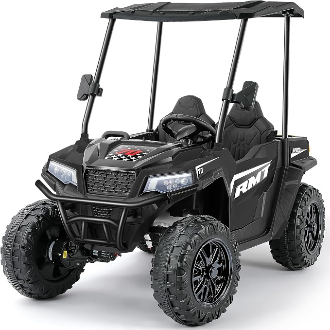 ELEMARA 24V Ride on Toy for Big Kids,Ride on Car 2 Seater w/Sun Shade,Dump Bed & Shovel,4.5MPH,4WD Electric Car for Kids,Battery Car w/Remote,Kids Ride on Truck,3 Speeds,LED Lights,Bluetooth, Black