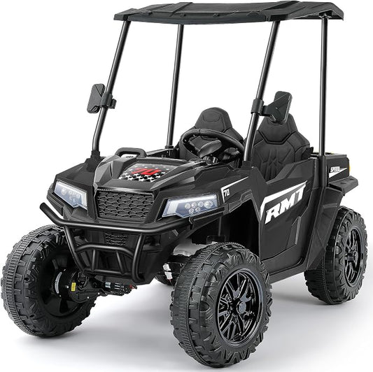 ELEMARA 24V Ride on Toy for Big Kids,Ride on Car 2 Seater w/Sun Shade,Dump Bed & Shovel,4.5MPH,4WD Electric Car for Kids,Battery Car w/Remote,Kids Ride on Truck,3 Speeds,LED Lights,Bluetooth, Black