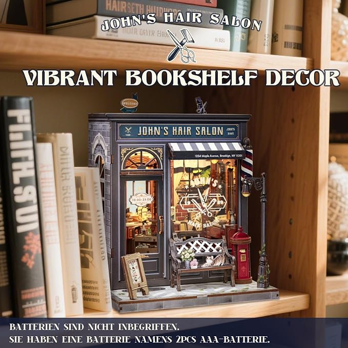 Cutefun Book Nook Kit - DIY Miniature Coffee Shop Dollhouse Kit for Adults and Teens, 3D Wooden Puzzle Bookshelf Insert Decor with LED Light, Gifts for Book Lovers and Beginners (John's Hair Salon)