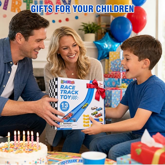 Flexible Race Track Set for Kids: 13 Ft Suction Cup Flex Race Track with 4 Car and 2 Thruster - Rolls Up Portable Racetrack Compatible with Diecast 1/64th Cars Model - Birthday Gifts for Ages 3 4 5 6