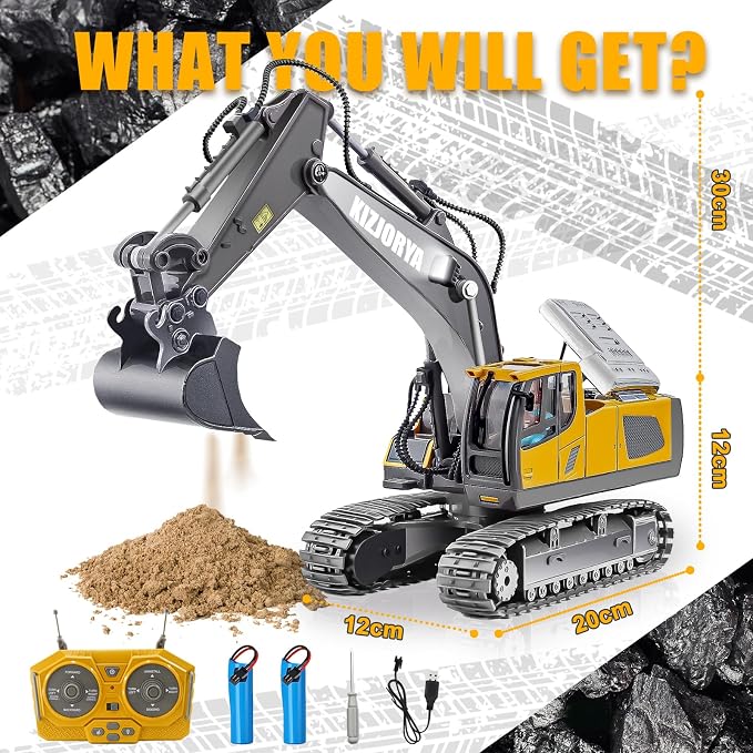 KIZJORYA Remote Control Excavator, Toys for Boys Age 6-12, Rechargeable 11 CH RC Construction Vehicles Truck with Sound Light Metal Shovel, Birthday for Kids 7 8 9 10+ Year Old(2.4 GHz)