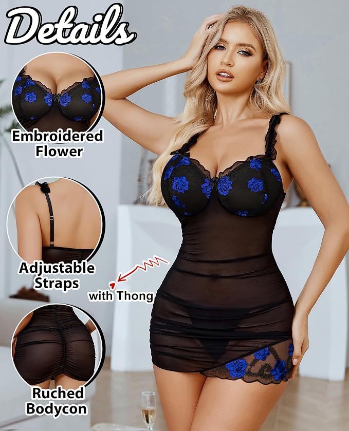 Avidlove Lingerie for Women Mesh Babydoll Lingeries Lace Chemise Floral Sleepwear Dress Sheer Exotic Boudoir Outfit S-XXL