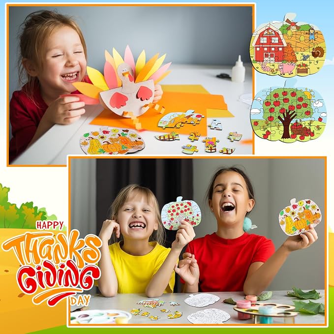 Realspring 24 Pack Fall Thanksgiving Pumpkin Shape Jigsaw Puzzles for Kids Age 3-5, 4-6, 6-8, Color Your Own Autumn Crafts DIY Paper Puzzle Party Favor Gift for Thanksgiving Toddler Children Toy