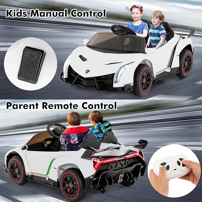 INFANS 2 Seater Kids Ride on Car, 12V 4WD Licensed Lamborghini Veneno Powered Electric Vehicle with Hydraulic Doors, Rocking Mode, Adjustable Speeds, Remote Control, MP3, Headlight (White)