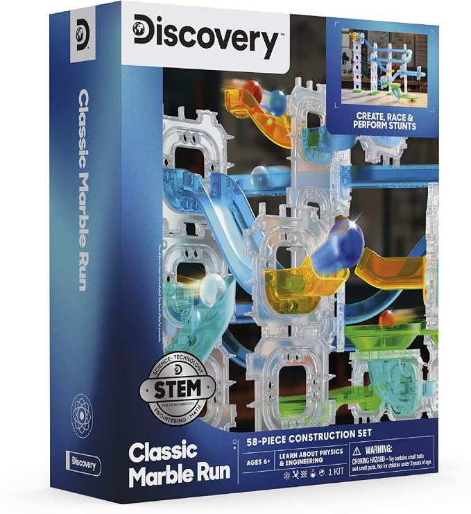 Discovery Marble Run Race Track – 58-Piece Marble Maze Construction Set| 6 Marbles| STEM Learning Activity| Sensory Toy Building Kit| Educational Physics & Engineering Toy for Kids Ages 6+