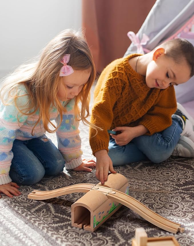 SainSmart Jr. Wooden Train Track Accessories Bridge Tunnel, Wooden Train Track Bridge Compatible with Thomas, Brio, Chuggington, Melissa and Doug, Made of Sturdy Hardwood for Long-Term Play