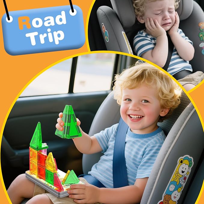 SKTMYY Mini Magnetic Tiles,Travel Magnetic Tiles with Metal Box,Car Airplane Travel Essentials for Kids Ages 3+,Creative Magnet STEM Toys Birthday Gift for Boys & Girls