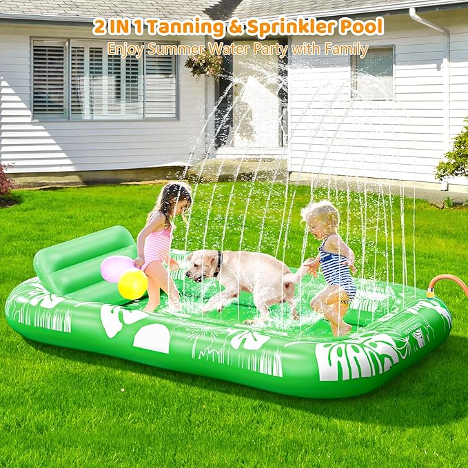 Inflatable Tanning Pool Lounger Float with Sprinkler, 77" x 48" Pool Floats Adult with Pillow, 6 in 1 Suntan Tub Raft Floatie with Drink Holder Sunbathing Water Lounge