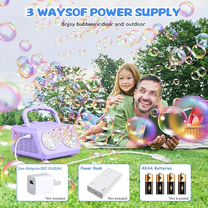SHCKE Automatic Bubble Machine with 2 Fans,20000+ Bubbles/Min | Dual power USB-C/AA, No-Leak Sealed Bottle,Portable Bubble Maker for Pool, Wedding, Camping, Birthday Parties