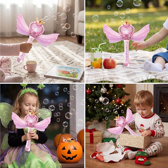 Princess Bubble Wand for Girls 3-12, Large Light Up Bubble Machine with Music, Detachable Sparkly Wings, Handheld Bubble Maker, Birthday Gift for Toddler Kids, Pink (Batteries Not Included)