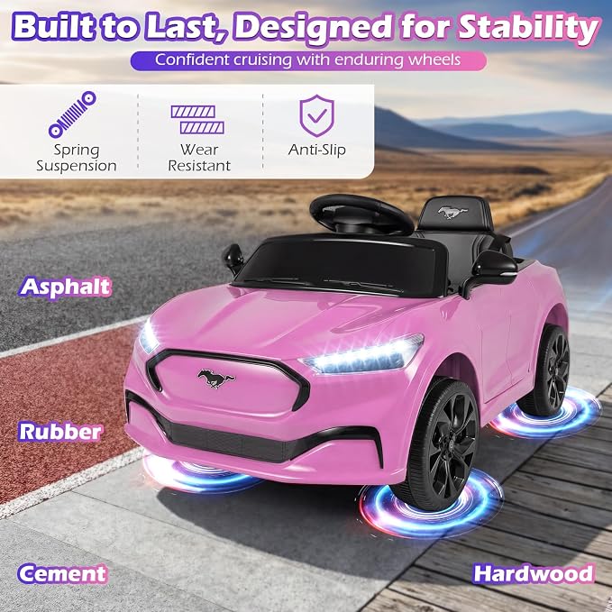 Costzon Ride on Car, 12V Licensed Ford Mach E Kids Electric Vehicle with Parent Control, LED Lights, Horn, Music, Wireless Connection & Spring Suspension, Kids Car Toy for Girls Boys (Pink)