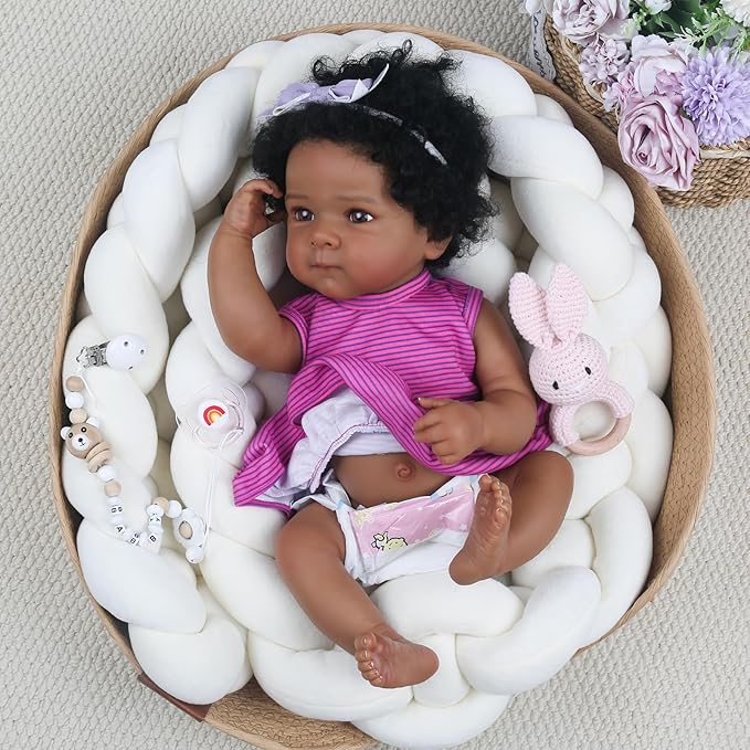WOOROY Lifelike Reborn Baby Dolls - 20 Inch Black Realistic Baby Doll Girl African American Full Body Vinyl Purple Onesie & Bow Headband with Accessories Gifts for Kids 3+