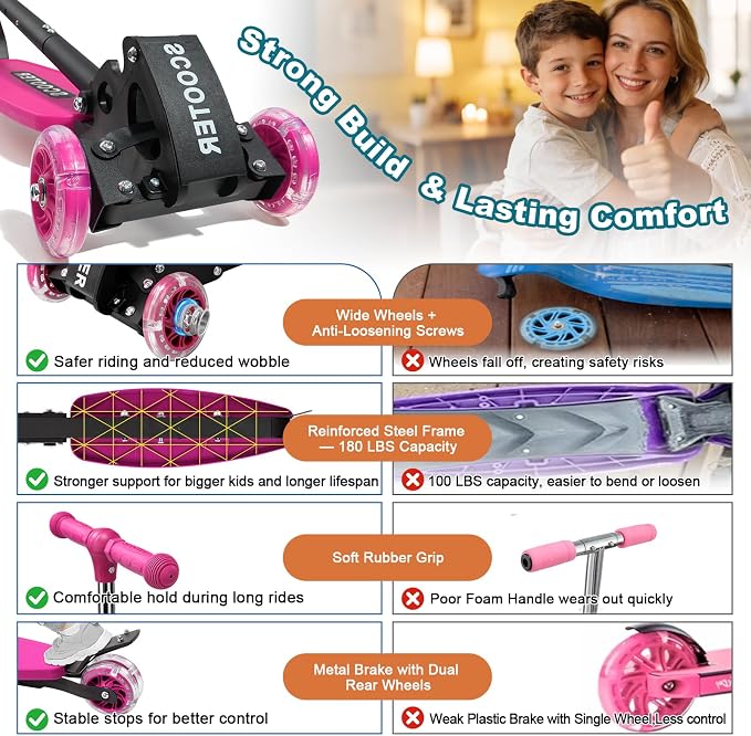3 Wheel Kids Kick Scooter for Ages 3-12, Lean-to-Steer, Light-Up Wheels, 3-Level Adjustable Handlebar 27.5”-33”, Wide Non-Slip Deck, Dual Rear Brake,Travel Foldable, for Boys & Girls Toy Gifts
